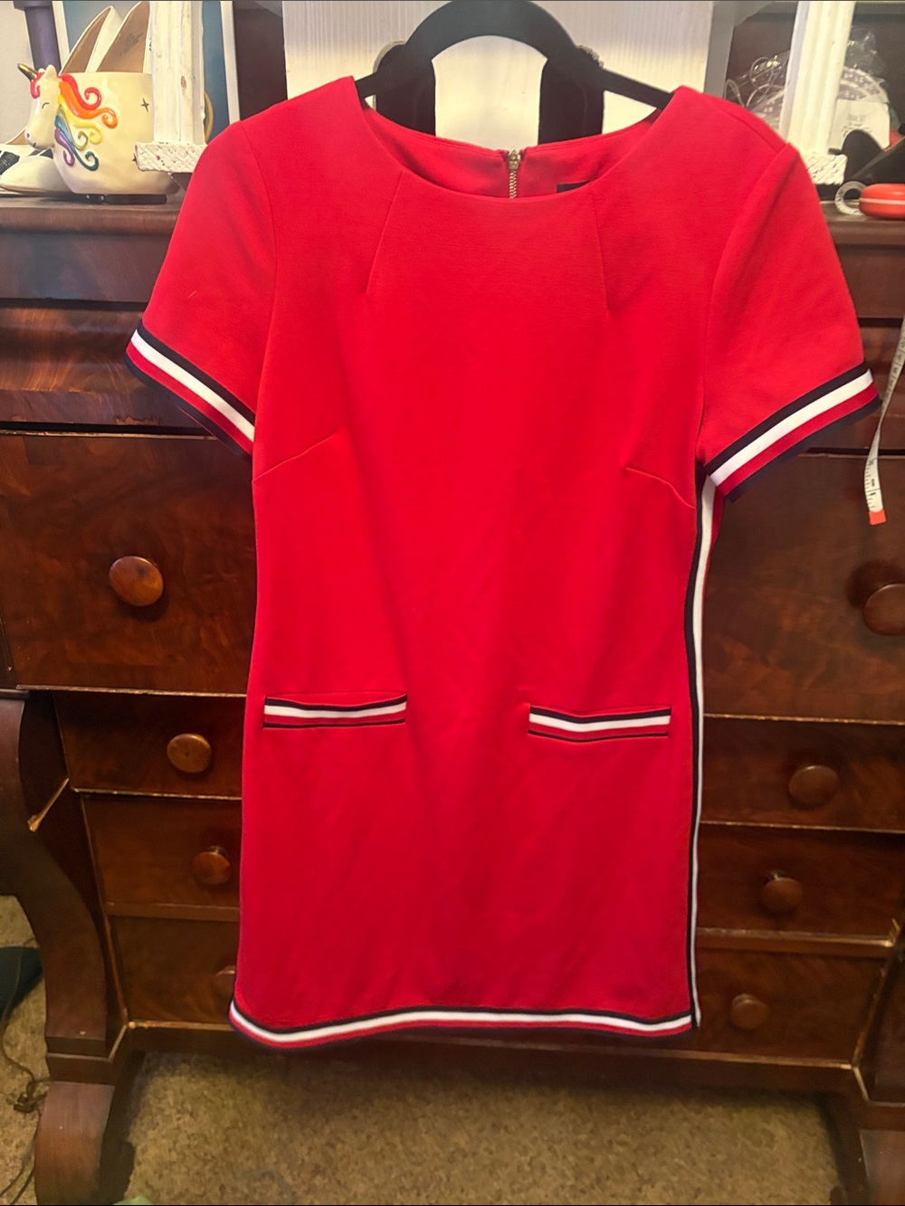 Tommy Hilfiger Red Short Sleeve Shift Dress with Stripe Trim